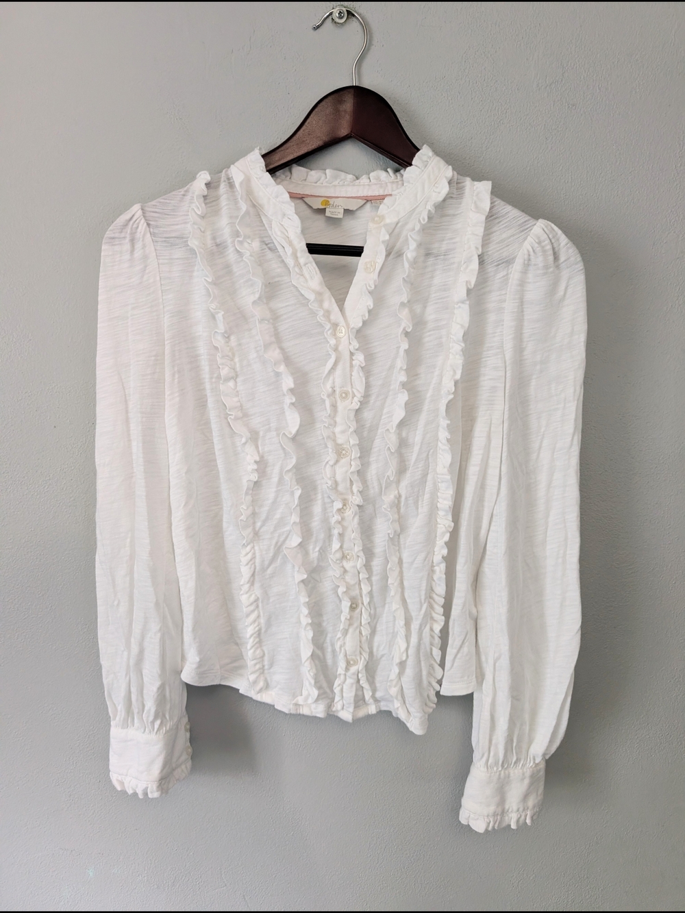 Boden White Ruffled Button Down Long Sleeve Top Size 4P